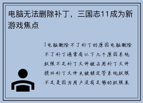 电脑无法删除补丁,三国志11成为新游戏焦点