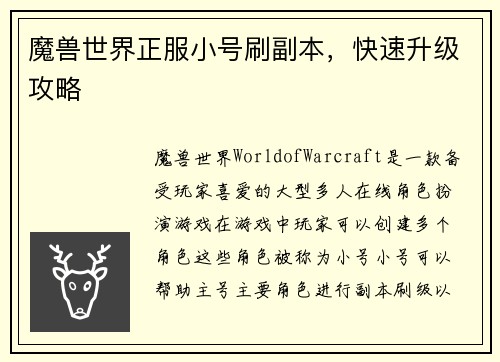 魔兽世界正服小号刷副本，快速升级攻略
